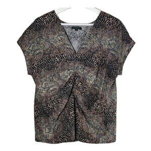 For Cynthia Linen Blend Brown Animal Print Blouse PL | V Neck Fall Top